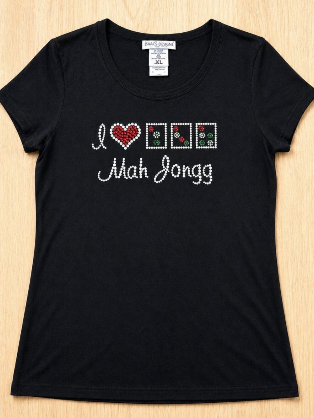 I Love Mah Jongg black t-shirt with colorful rhinestones size XL Mahjong